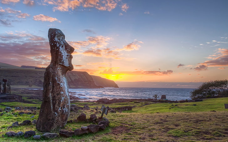 Moai statue, Rapa Nui, Easter Island, sky, sunset, scenics - nature