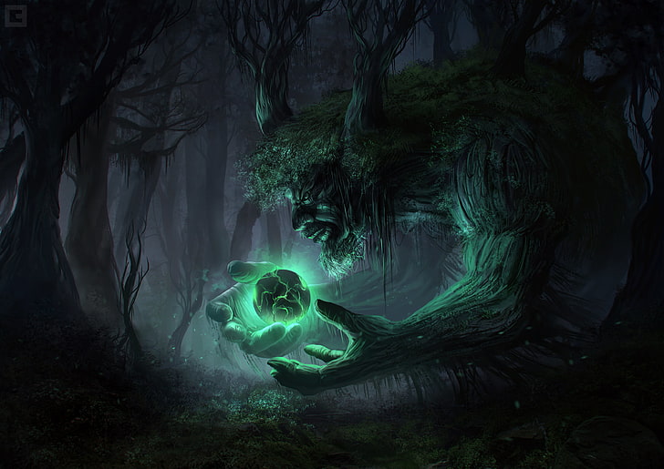 green sentinel illustration, forest, trees, night, lights, dark