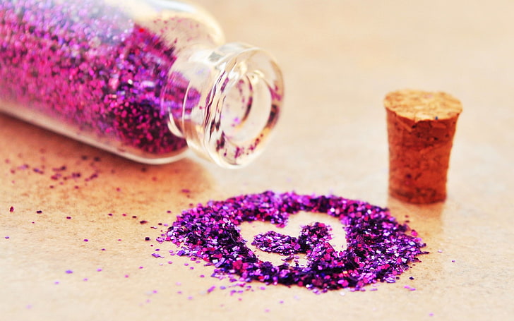 purple glitters, sequins, bottle, cork, heart, illustration, beauty Product, HD wallpaper