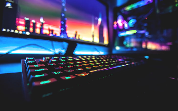 pc gaming, keyboard, monitor, computer, Technology, illuminated, HD wallpaper