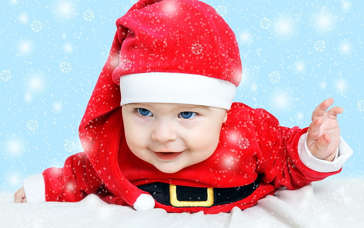 Cute Little Boy Santa, baby's red Santa Claus costume, blue, eyes