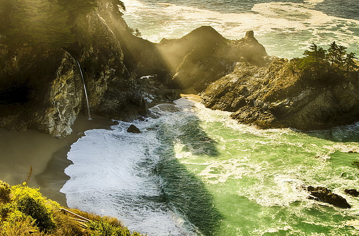 beach, rays, light, rocks, waterfall, California, USА, Monterey County, HD wallpaper