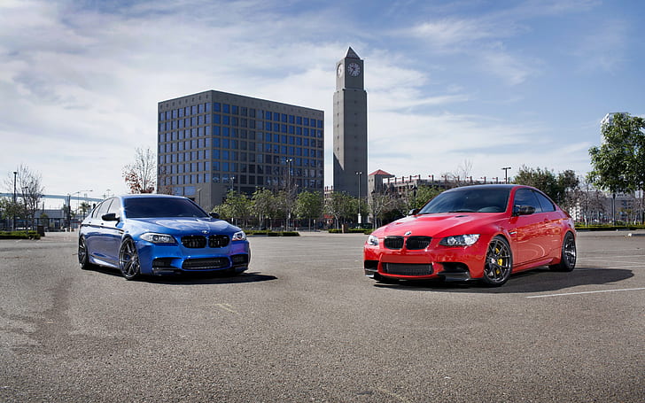BMW M5 and M3, two red and blue bmw sedan, f10, E92, monte carlo blue, HD wallpaper