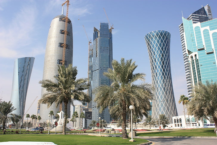 Qatar, Doha, City, Buildings, Palm trees, Skyscrapers, built structure, HD wallpaper