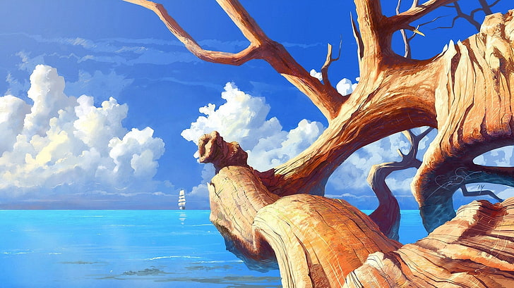 brown wooden tree trunk on blue body of water painting, artwork