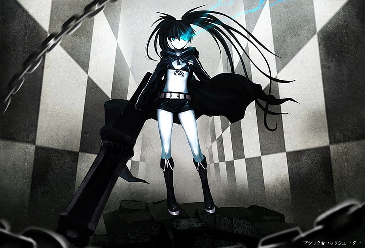 woman with broad sword anime character, Black Rock Shooter, indoors, HD wallpaper