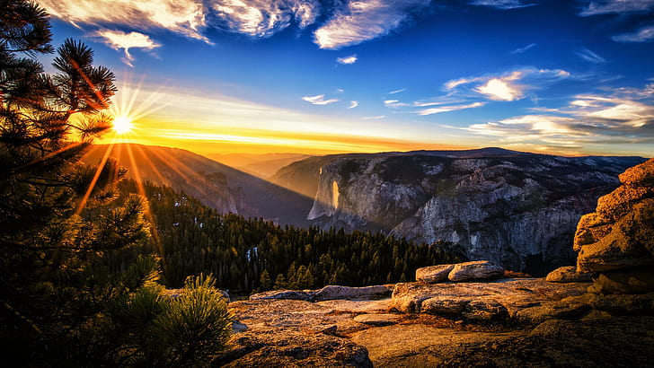 Sunset Sunrise Mountains Forest Sky Clouds Yosemite National Park USA photo Wallaper HD 3200X1800