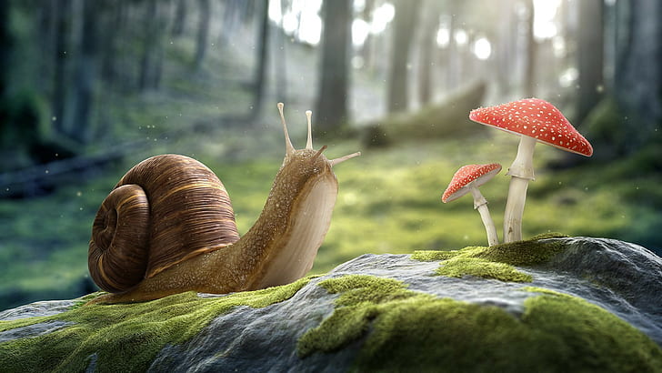 digital art artwork cgi 3d nature stones snail mushroom trees forest macro worms eye view depth of field moss