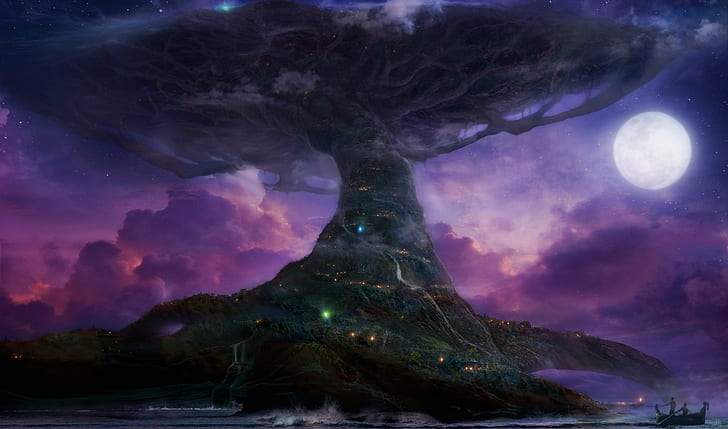 teldrassil world of warcraft world tree trees moon purple darnassus, HD wallpaper