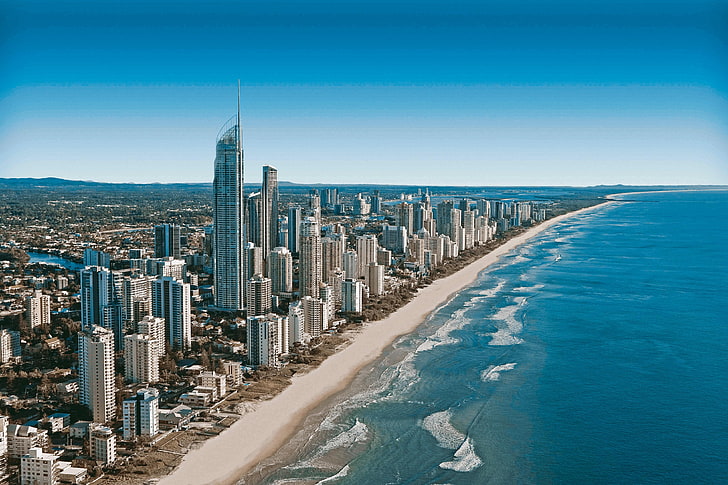 grey concrete high-rise building, city, blue, sea, beach, sand, HD wallpaper