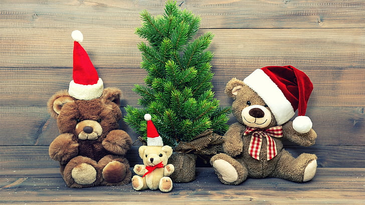 Merry Christmas, hat, decoration, teddy bear, three bear plush toys, HD wallpaper