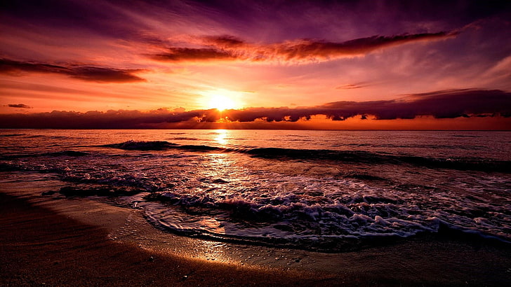 horizon, sunset, wave, beach, afterglow, sea, shore, water, HD wallpaper