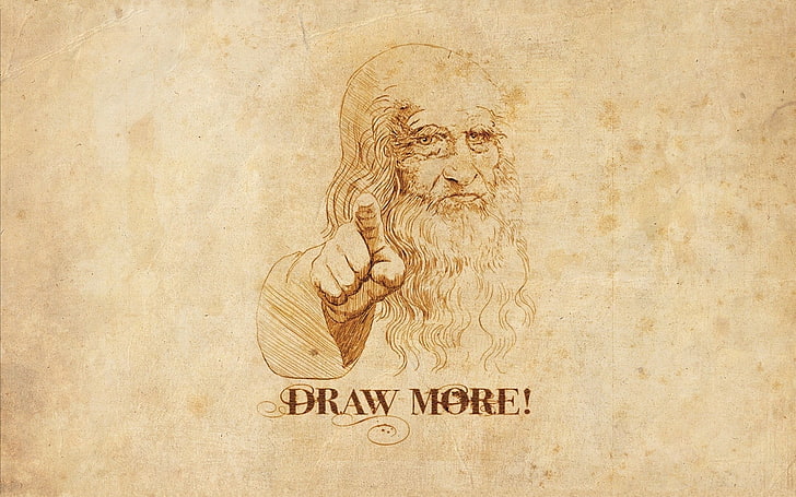 Draw More! vector art, Leonardo da Vinci, humor, text, architecture, HD wallpaper