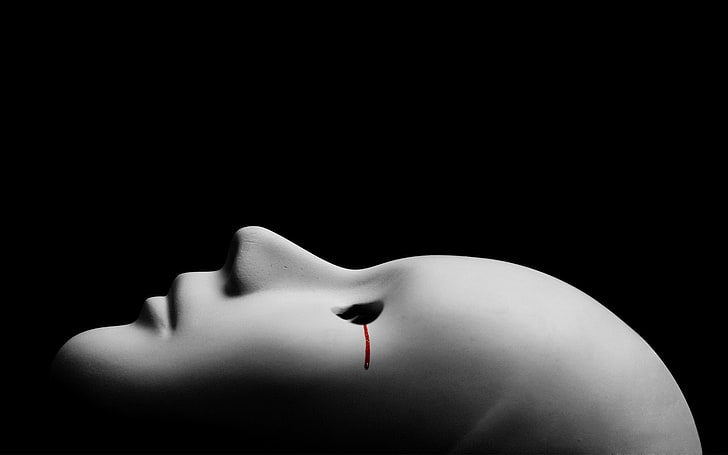 white mask, loneliness, blood, black and white, tear, people