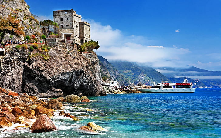 Italy, Monterosso al Mare, Cinque Terre, rocks, castle, boat, sea, beach