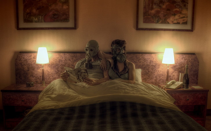 men, women, gas masks, bedroom, photo manipulation, couple, HD wallpaper