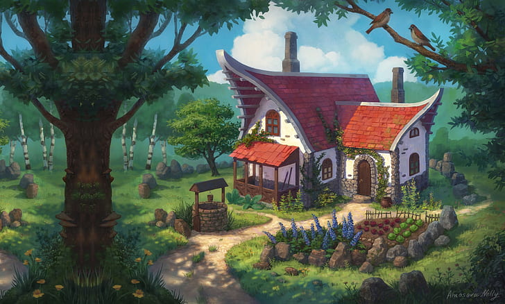 forest, fantasy, art, house, the garden, children's, Nelly Amosova, HD wallpaper