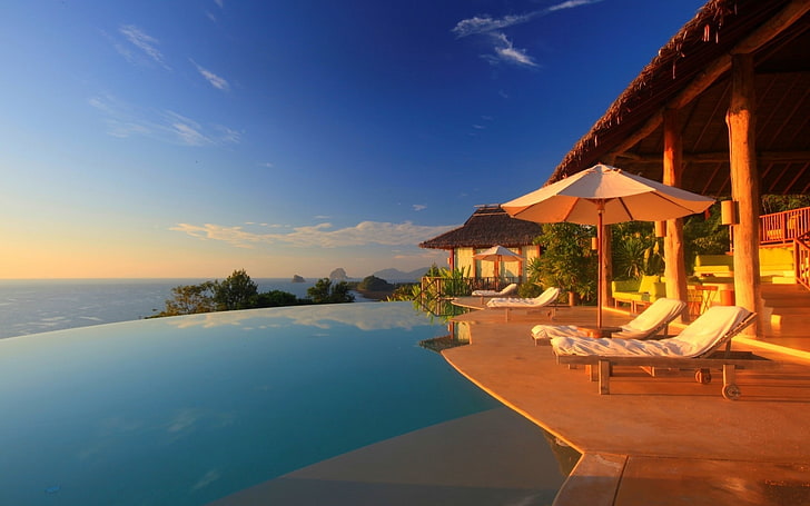 swimming pool, mansions, beach umbrella, tropical, sea, water, HD wallpaper