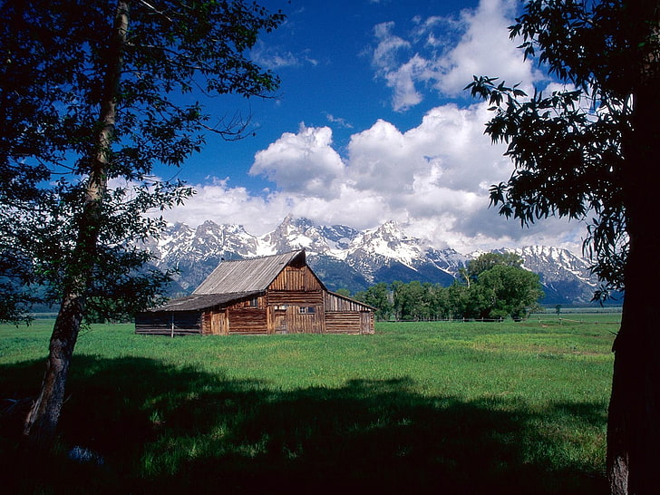 landscape, barn, Grand Teton National Park, mountains, snowy mountain, HD wallpaper