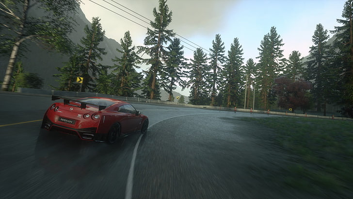 red supercar on highway, Driveclub, Nissan GTR, mode of transportation