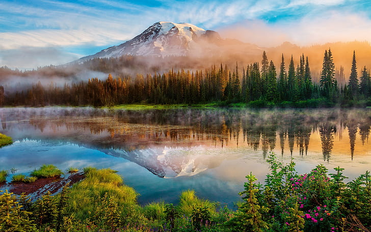 HD wallpaper: Washington, Cascade Mountains, morning, forest, lake, mist,  sunrise | Wallpaper Flare