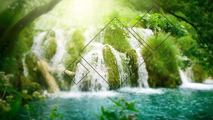 polyscape, waterfall, nature, square, green color, plant, close-up, HD wallpaper