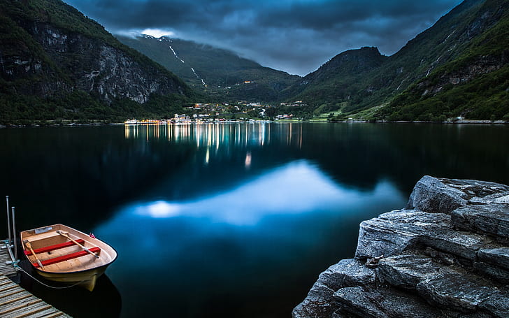 Geiranger at Night, landscape, lake, mountains, reflections