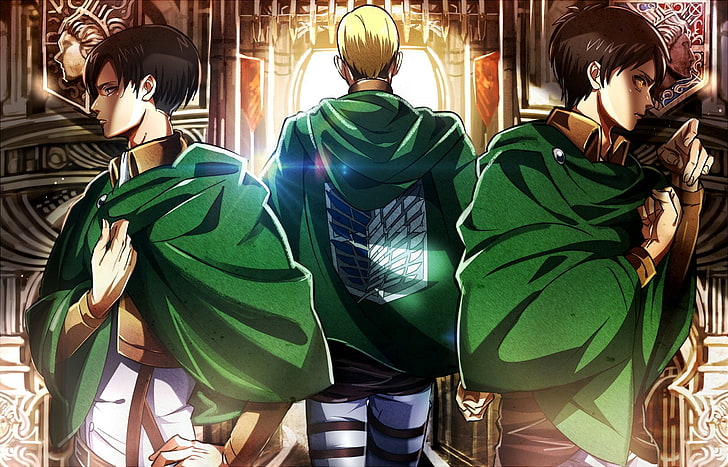 three man standing wallpaper, Anime, Attack On Titan, Eren Yeager