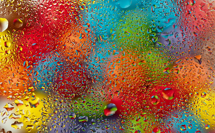 water dew, glass, drops, balls, colorful, rainbow, backgrounds, HD wallpaper