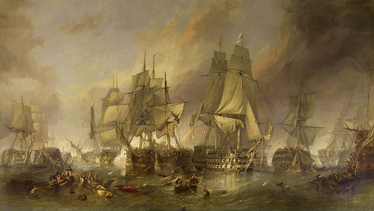 sailing ship painting, sea, artwork, Battle of Trafalgar, nautical vessel
