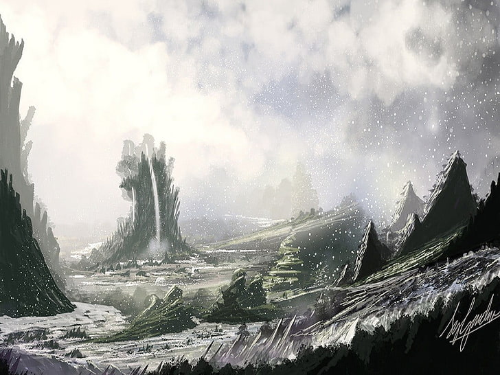 mountains and trees painting, fantasy art, artwork, snow, winter