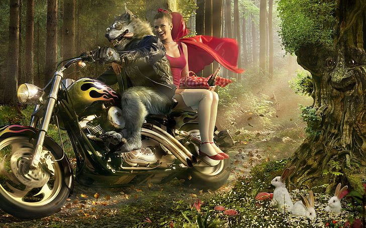 Little Red Riding Hood, digital art, wolf, women, smiling, motorcycle, HD wallpaper
