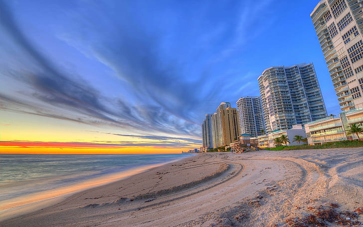 Florida, Miami, beach, grey concrete city buildings near seashore, HD wallpaper
