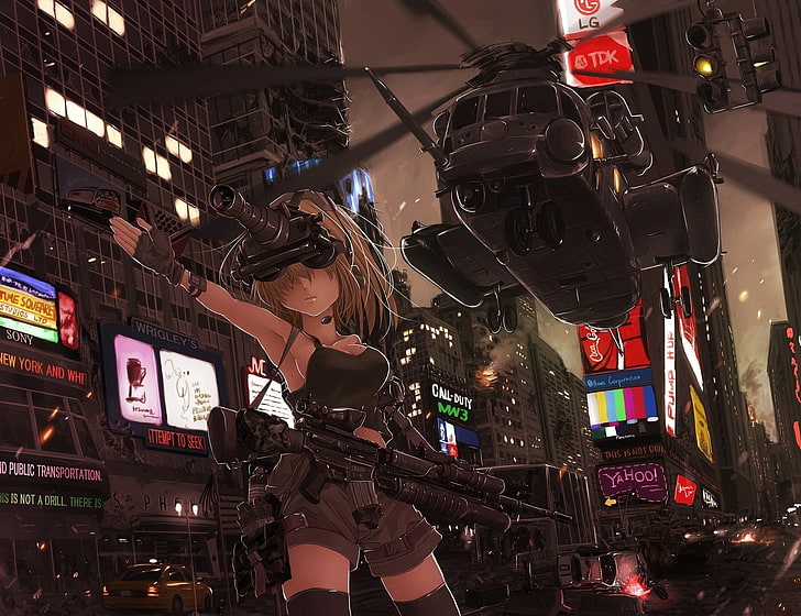 artwork, anime girls, helicopters, night vision goggles, rifles