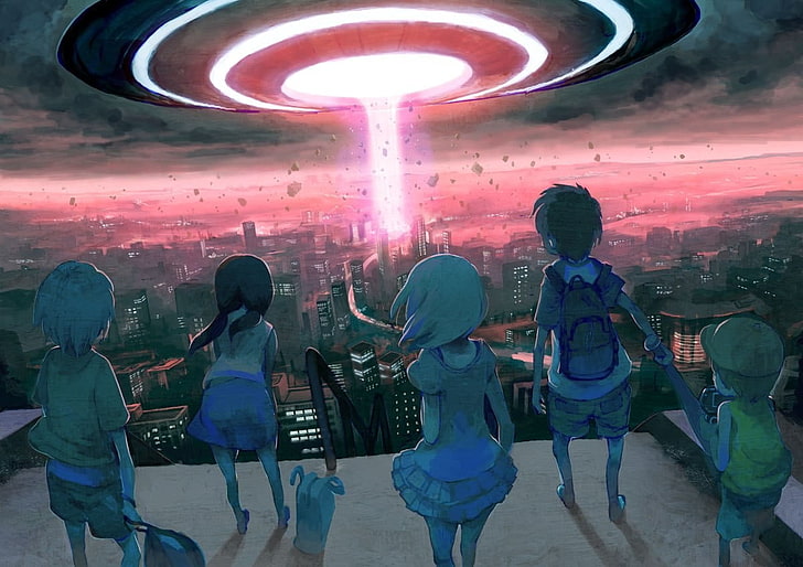 five children standing on rooftop looking on red laser wallpaper, HD wallpaper