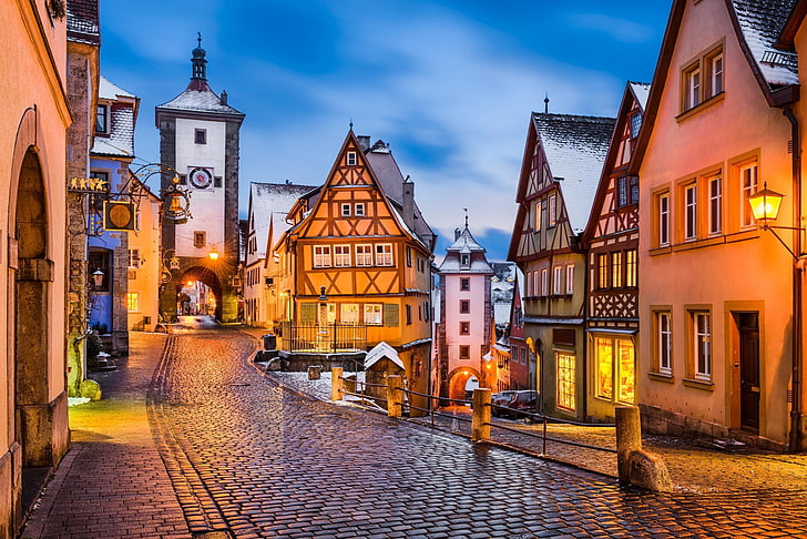 winter, snow, the evening, Germany, lights, Medieval town, Rothenburg, HD wallpaper