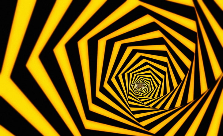 Hypnotic, yellow and black striped spiral wallpaper, Artistic