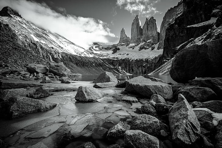 gray scale photography of gray stone fragments on mountains, las torres, las torres