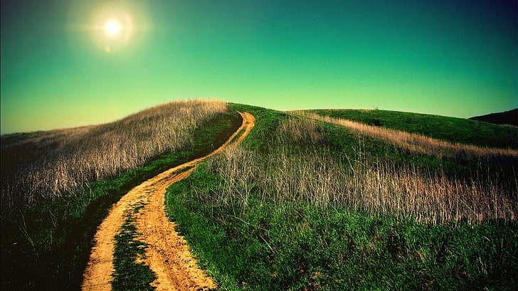 green and brown area rug, landscape, road, sky, environment, grass, HD wallpaper
