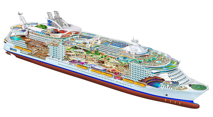 white, blue, and green train table, ship, cruise ship, schematic