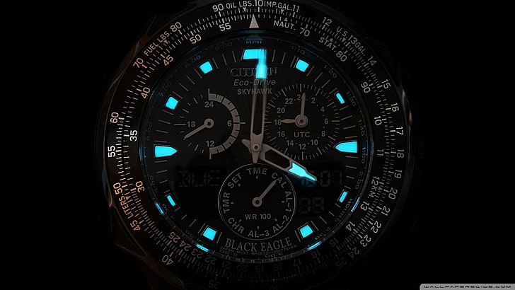 round black Citizen chronograph watch, clocks, indoors, studio shot