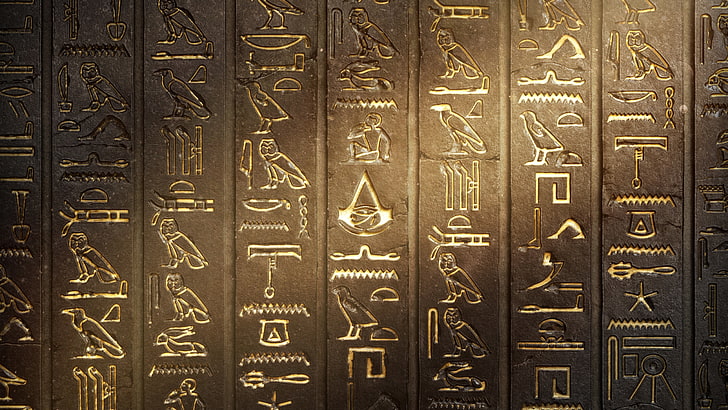 Egyptian engraved art, video games, Assassin's Creed, wall, hieroglyphs