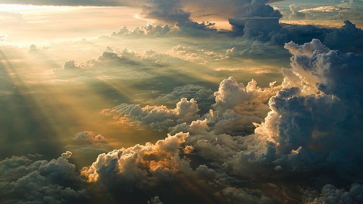 white clouds, nature, sky, sun rays, aerial view, sunset, outdoors, HD wallpaper