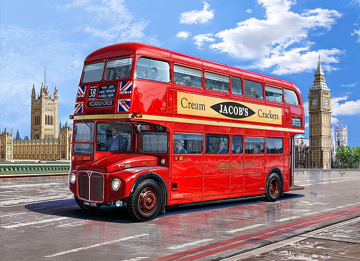 red London bus, figure, Big Ben, The Palace of Westminster, Westminster Palace, HD wallpaper