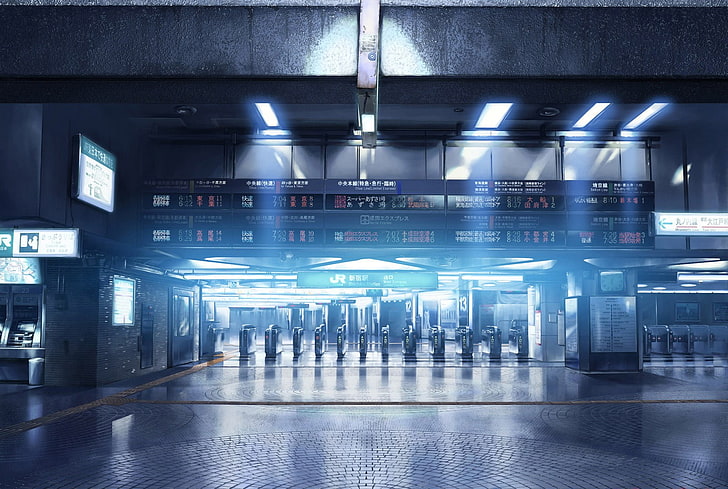 empty terminal gate, metro, train station, anime, transportation, HD wallpaper