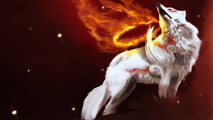 white fox illustration, wolf, Okami, animal, animal themes, mammal