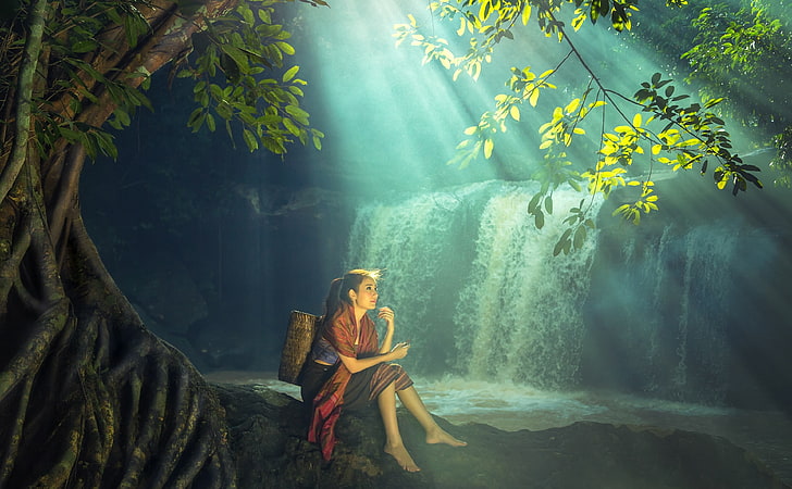 Beautiful Asian Girl, Rainforest, Waterfall, woman sitting on tree root painting, HD wallpaper