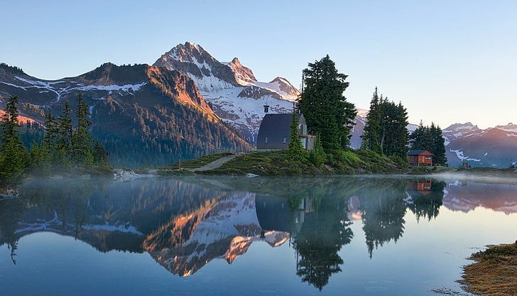 lake, mountains, reflection, Canada, snowy peak, trees, mist