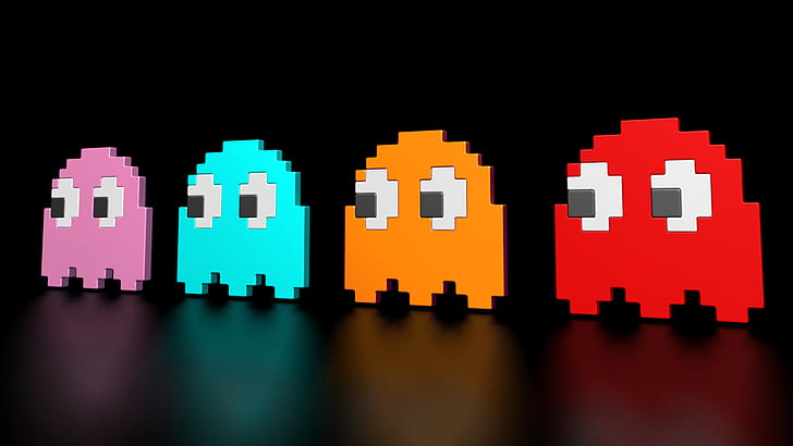 Pacman 8-Bit HD, pink-teal-orange-red packman ghost, video games