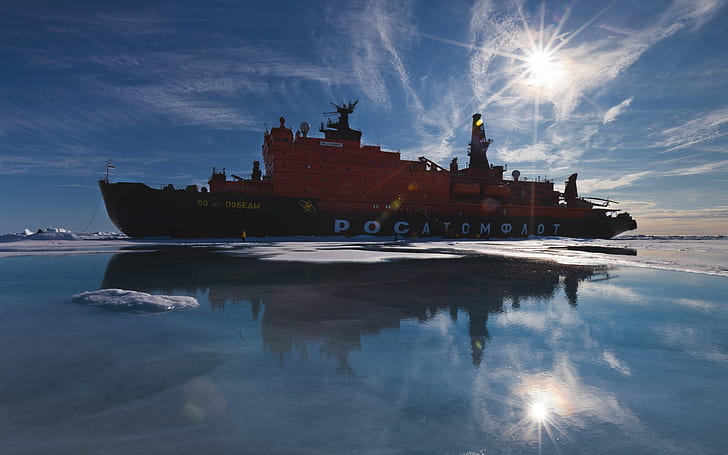 ship, sea, reflection, vehicle, blue, sky, Nuclear-powered icebreaker, HD wallpaper